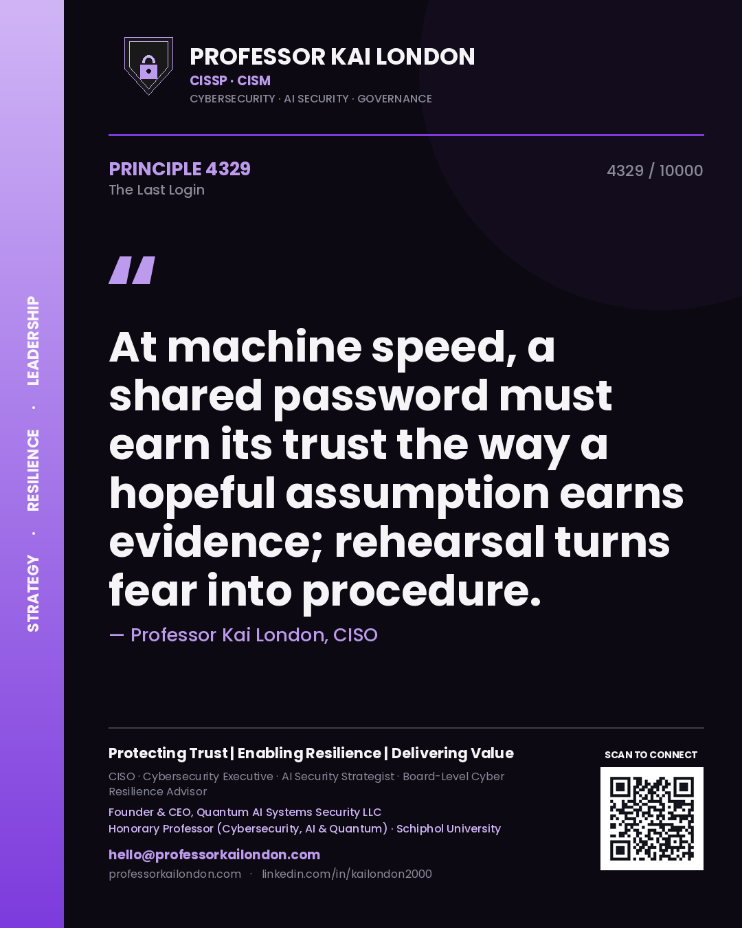 Quote card by Professor Kai London reading 'At machine speed, a shared password must earn its trust the way a hopeful assumption earns evidence; rehearsal turns fear into procedure.'. From the book The Last Login.
