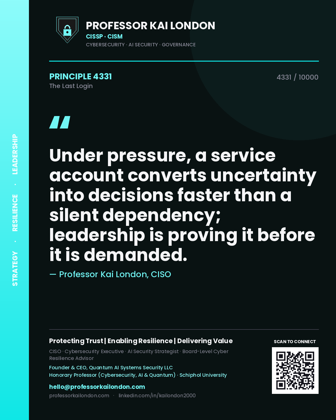 Professor Kai London principle 4331: Under pressure, a service account converts uncertainty into decisions faster than a silent dependency; leadership is proving it before it is demanded.