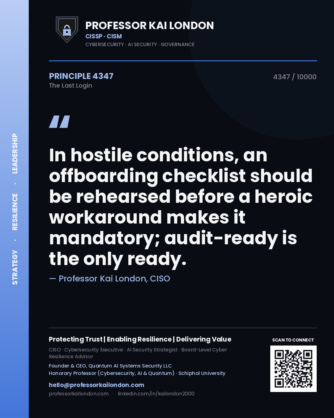Quote card by Professor Kai London reading 'In hostile conditions, an offboarding checklist should be rehearsed before a heroic workaround makes it mandatory; audit-ready is the only ready.'. From the book The Last Login.