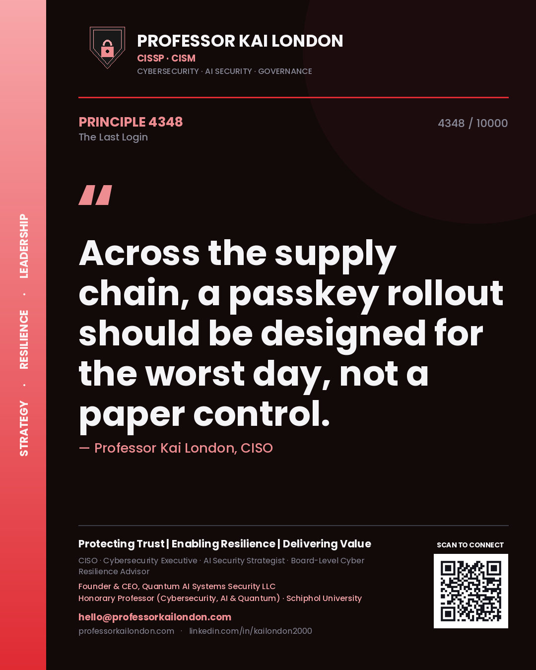 Quote card by Professor Kai London reading 'Across the supply chain, a passkey rollout should be designed for the worst day, not a paper control.'. From the book The Last Login.