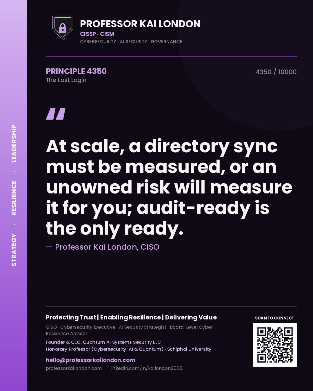 Professor Kai London principle 4350: At scale, a directory sync must be measured, or an unowned risk will measure it for you; audit-ready is the only ready.