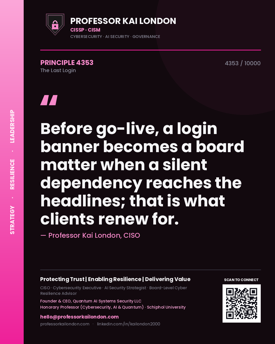 Professor Kai London principle 4353: Before go-live, a login banner becomes a board matter when a silent dependency reaches the headlines; that is what clients renew for.