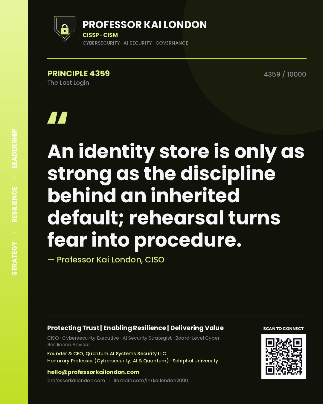 Quote card by Professor Kai London reading 'An identity store is only as strong as the discipline behind an inherited default; rehearsal turns fear into procedure.'. From the book The Last Login.