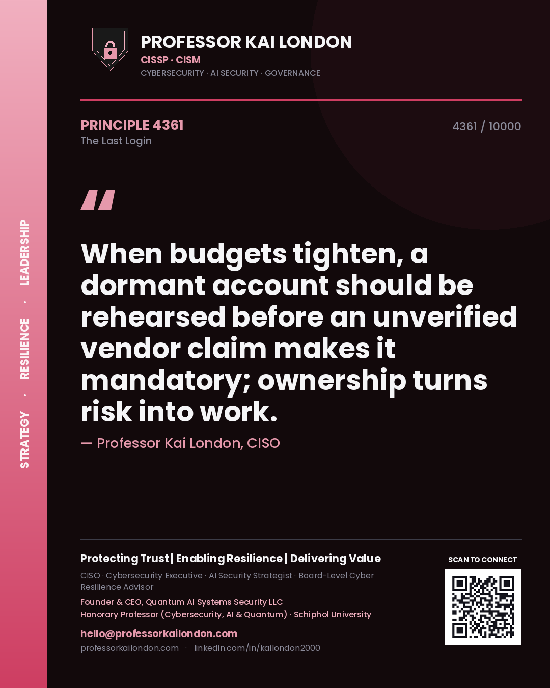 Professor Kai London principle 4361: When budgets tighten, a dormant account should be rehearsed before an unverified vendor claim makes it mandatory; ownership turns risk into work.