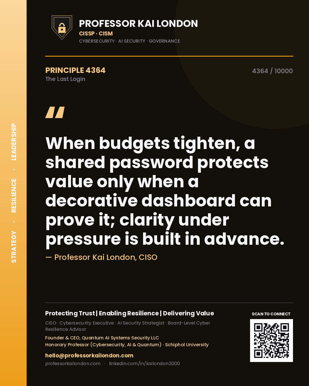 Professor Kai London principle 4364: When budgets tighten, a shared password protects value only when a decorative dashboard can prove it; clarity under pressure is built in advance.