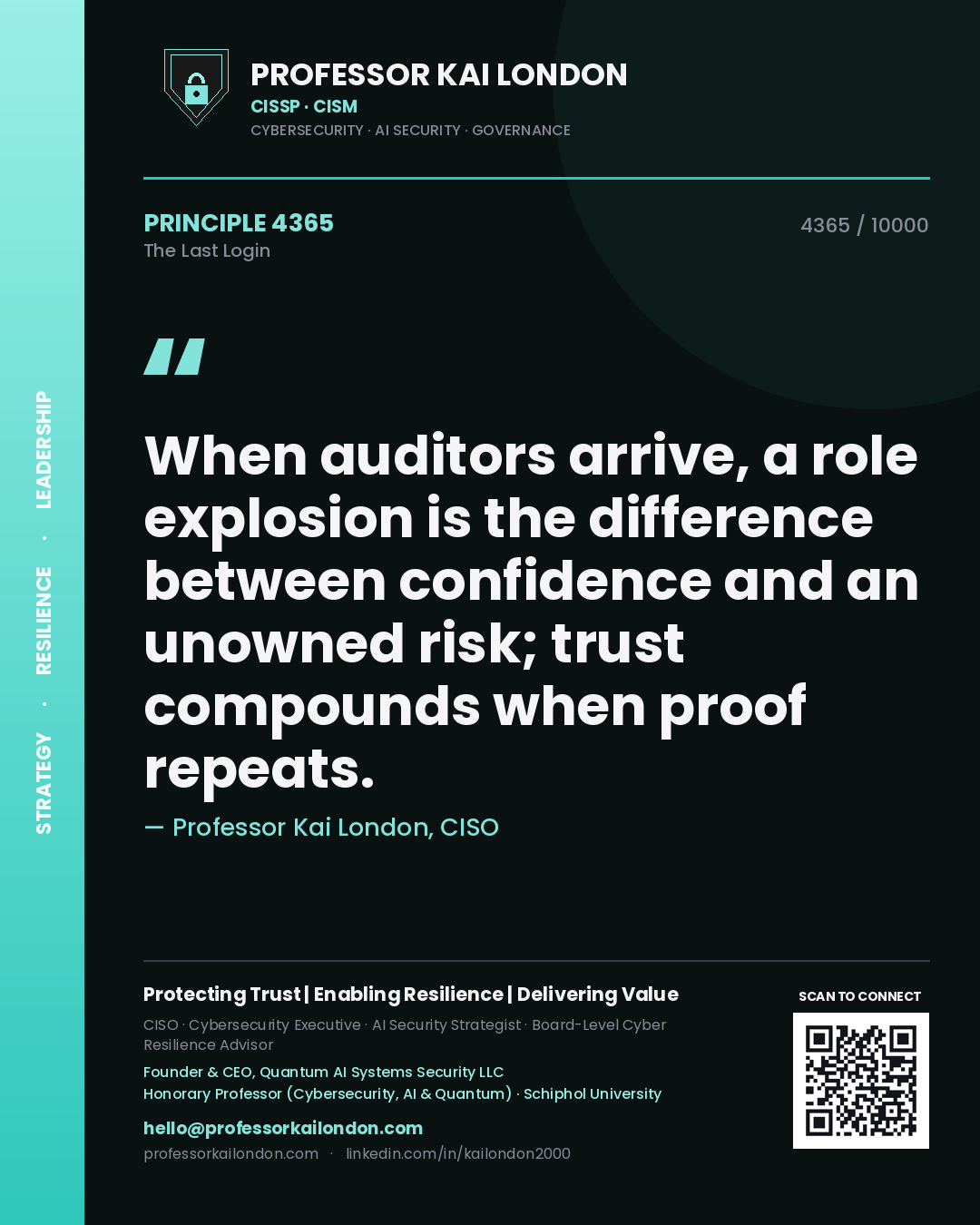 Professor Kai London principle 4365: When auditors arrive, a role explosion is the difference between confidence and an unowned risk; trust compounds when proof repeats.