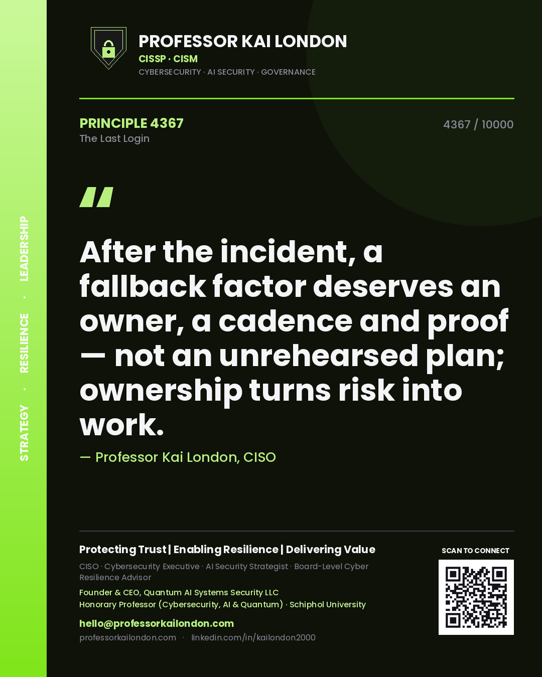 Professor Kai London principle 4367: After the incident, a fallback factor deserves an owner, a cadence and proof — not an unrehearsed plan; ownership turns risk into work.