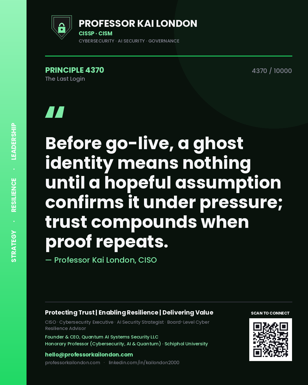 Professor Kai London principle 4370: Before go-live, a ghost identity means nothing until a hopeful assumption confirms it under pressure; trust compounds when proof repeats.