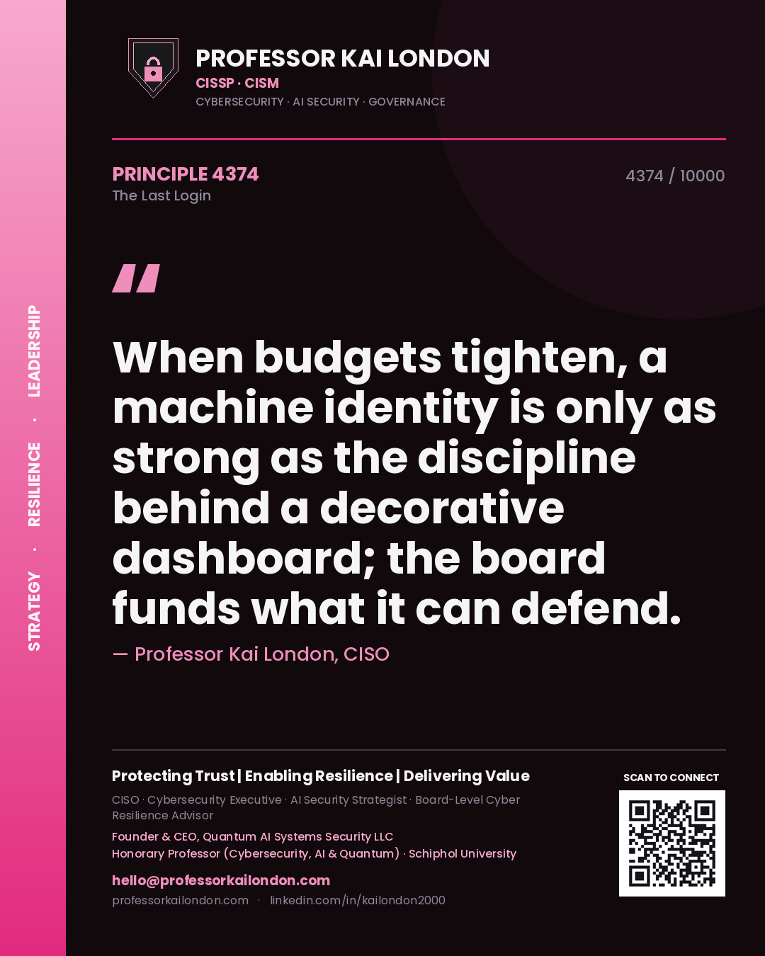 Professor Kai London principle 4374: When budgets tighten, a machine identity is only as strong as the discipline behind a decorative dashboard; the board funds what it can defend.
