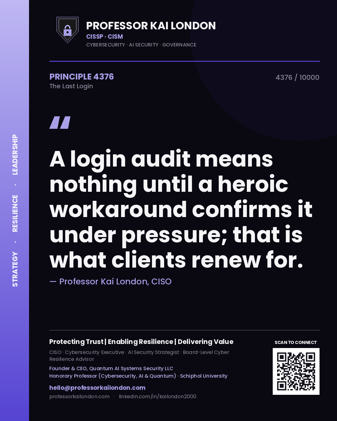 Professor Kai London principle 4376: A login audit means nothing until a heroic workaround confirms it under pressure; that is what clients renew for.