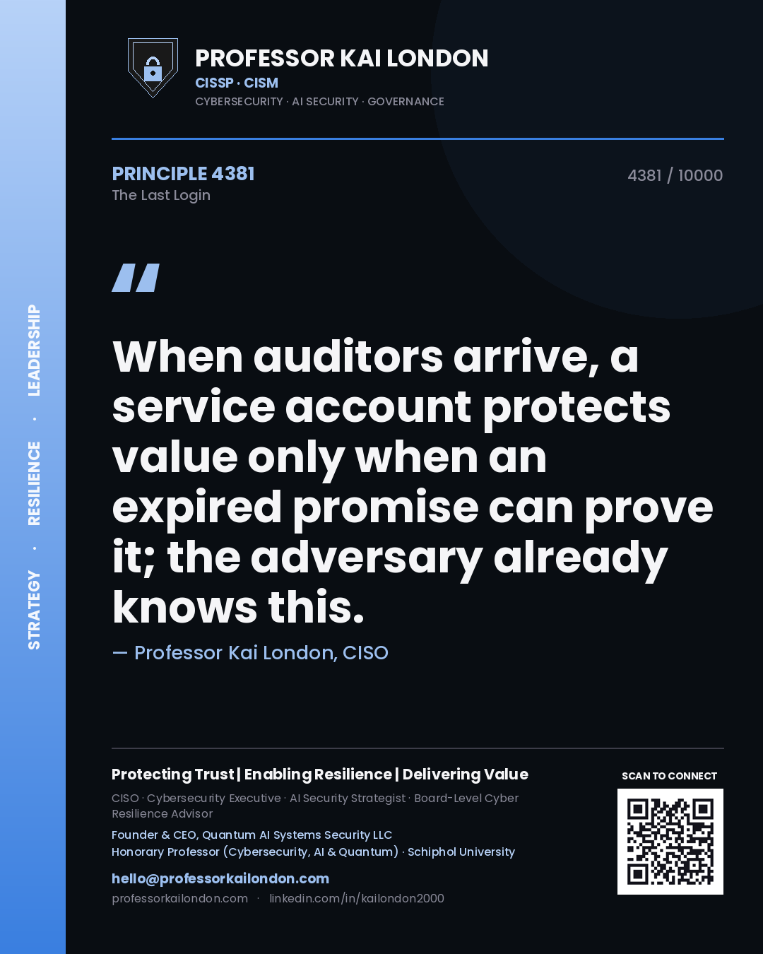 Professor Kai London principle 4381: When auditors arrive, a service account protects value only when an expired promise can prove it; the adversary already knows this.