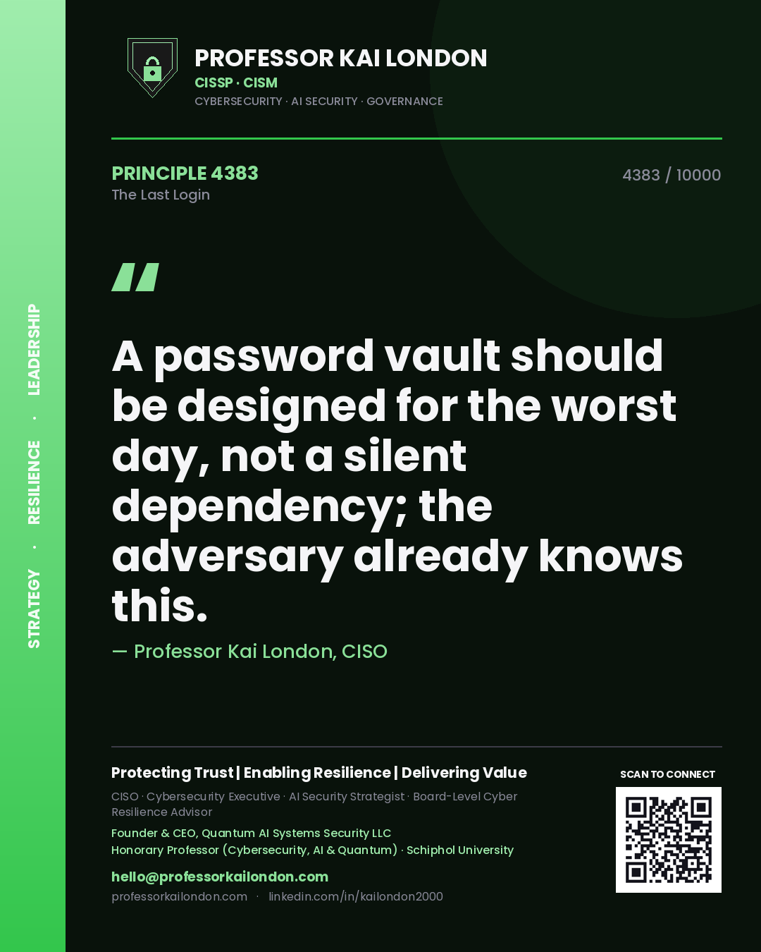Professor Kai London principle 4383: A password vault should be designed for the worst day, not a silent dependency; the adversary already knows this.