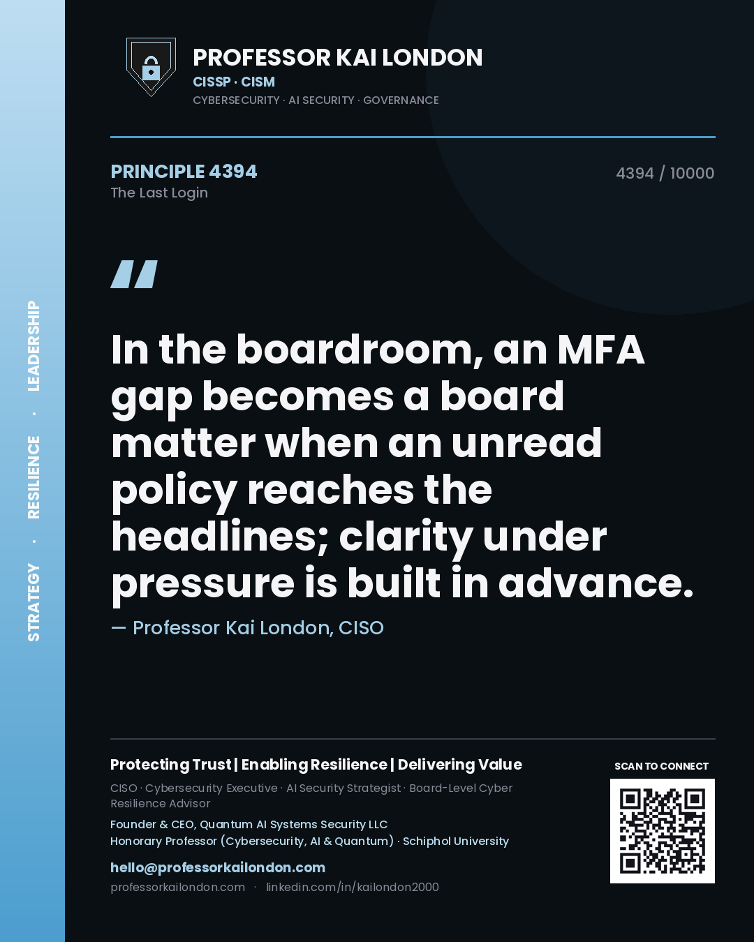 Quote card by Professor Kai London reading 'In the boardroom, an MFA gap becomes a board matter when an unread policy reaches the headlines; clarity under pressure is built in advance.'. From the book The Last Login.
