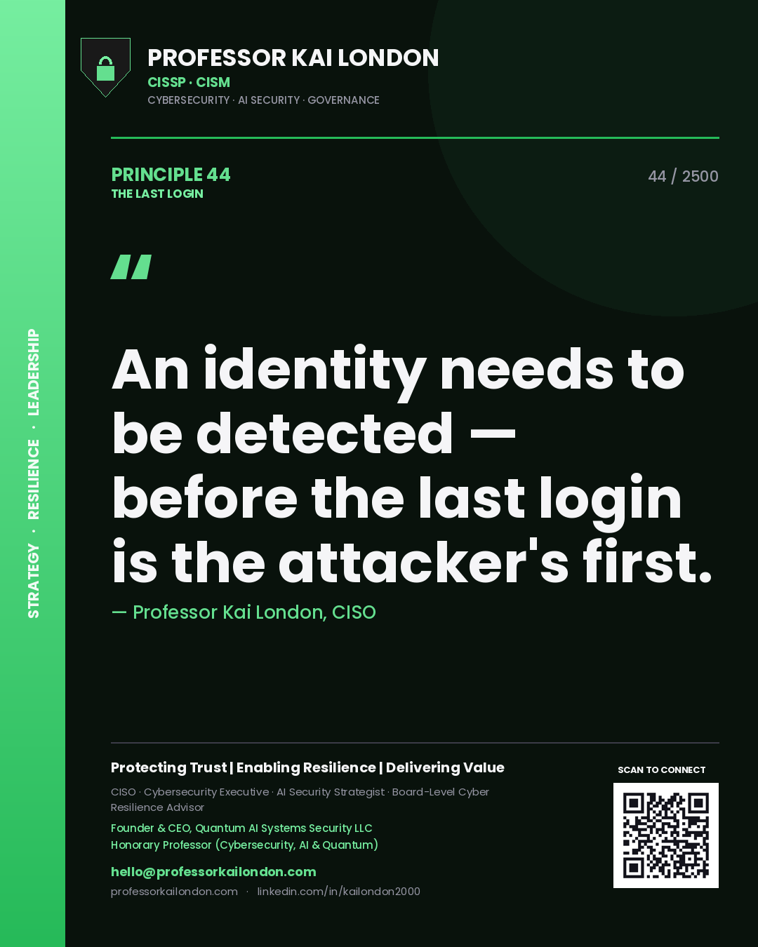 Quote card by Professor Kai London reading 'An identity needs to be detected — before the last login is the attacker's first.'. From the book The Last Login.