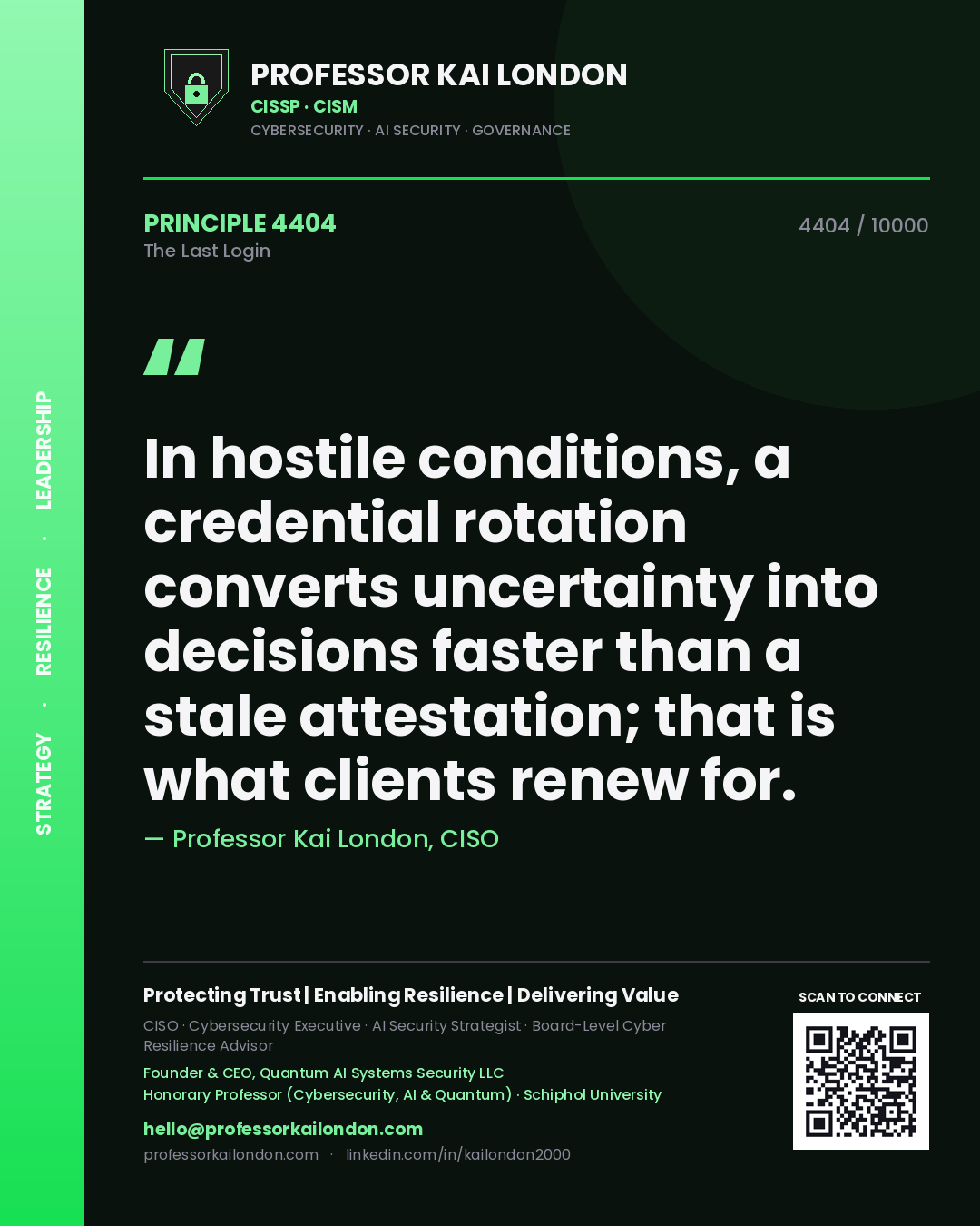 Professor Kai London principle 4404: In hostile conditions, a credential rotation converts uncertainty into decisions faster than a stale attestation; that is what clients renew for.