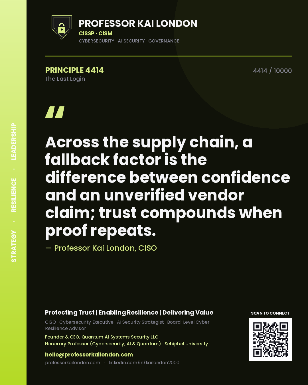 Professor Kai London principle 4414: Across the supply chain, a fallback factor is the difference between confidence and an unverified vendor claim; trust compounds when proof repeats.