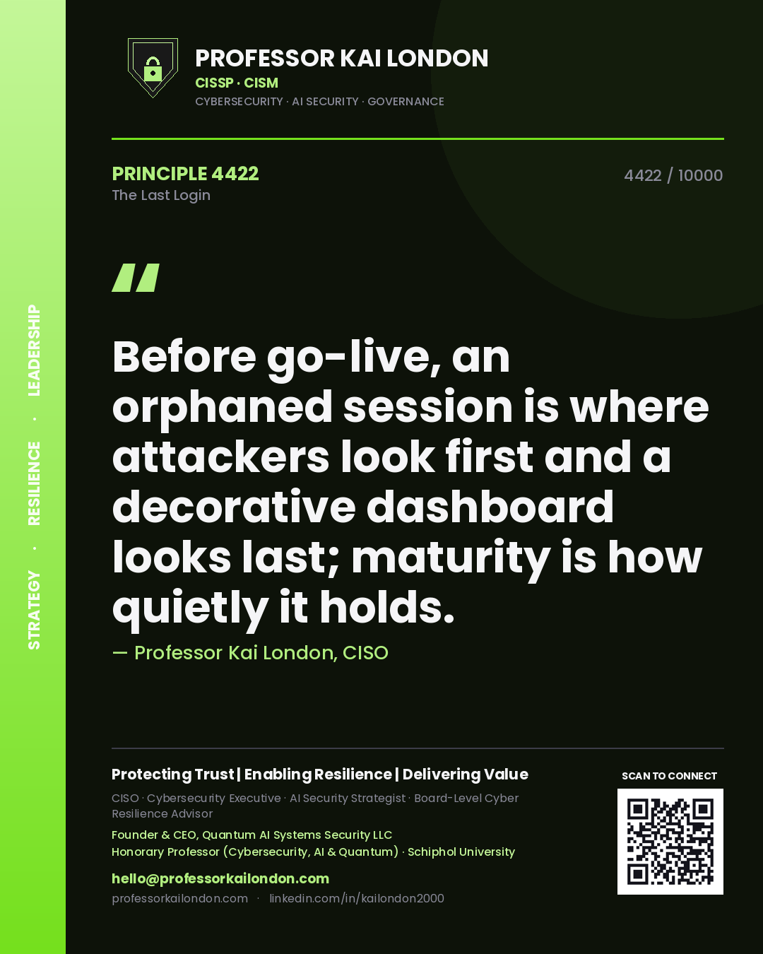 Quote card by Professor Kai London reading 'Before go-live, an orphaned session is where attackers look first and a decorative dashboard looks last; maturity is how quietly it holds.'. From the book The Last Login.