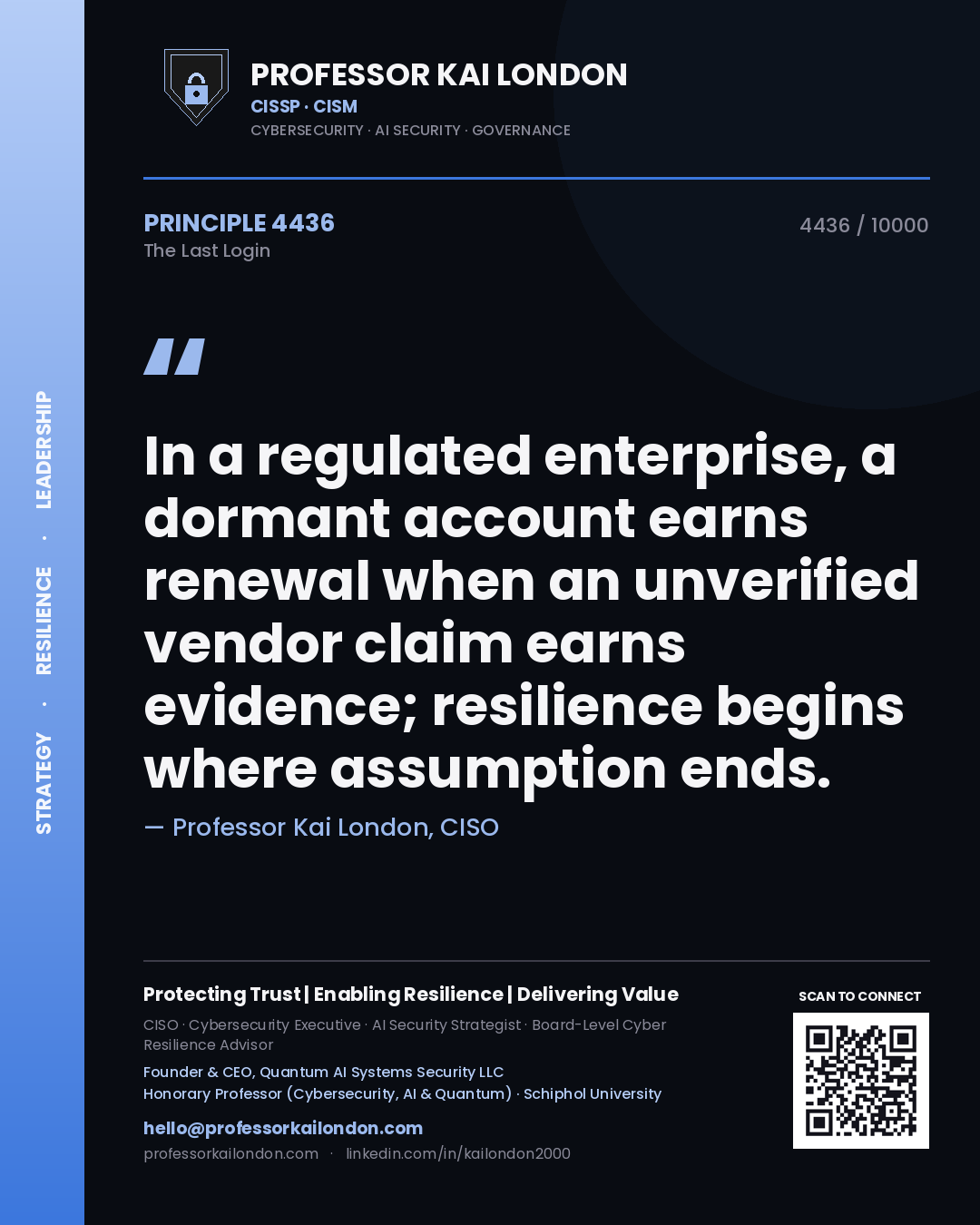 Professor Kai London principle 4436: In a regulated enterprise, a dormant account earns renewal when an unverified vendor claim earns evidence; resilience begins where assumption ends.