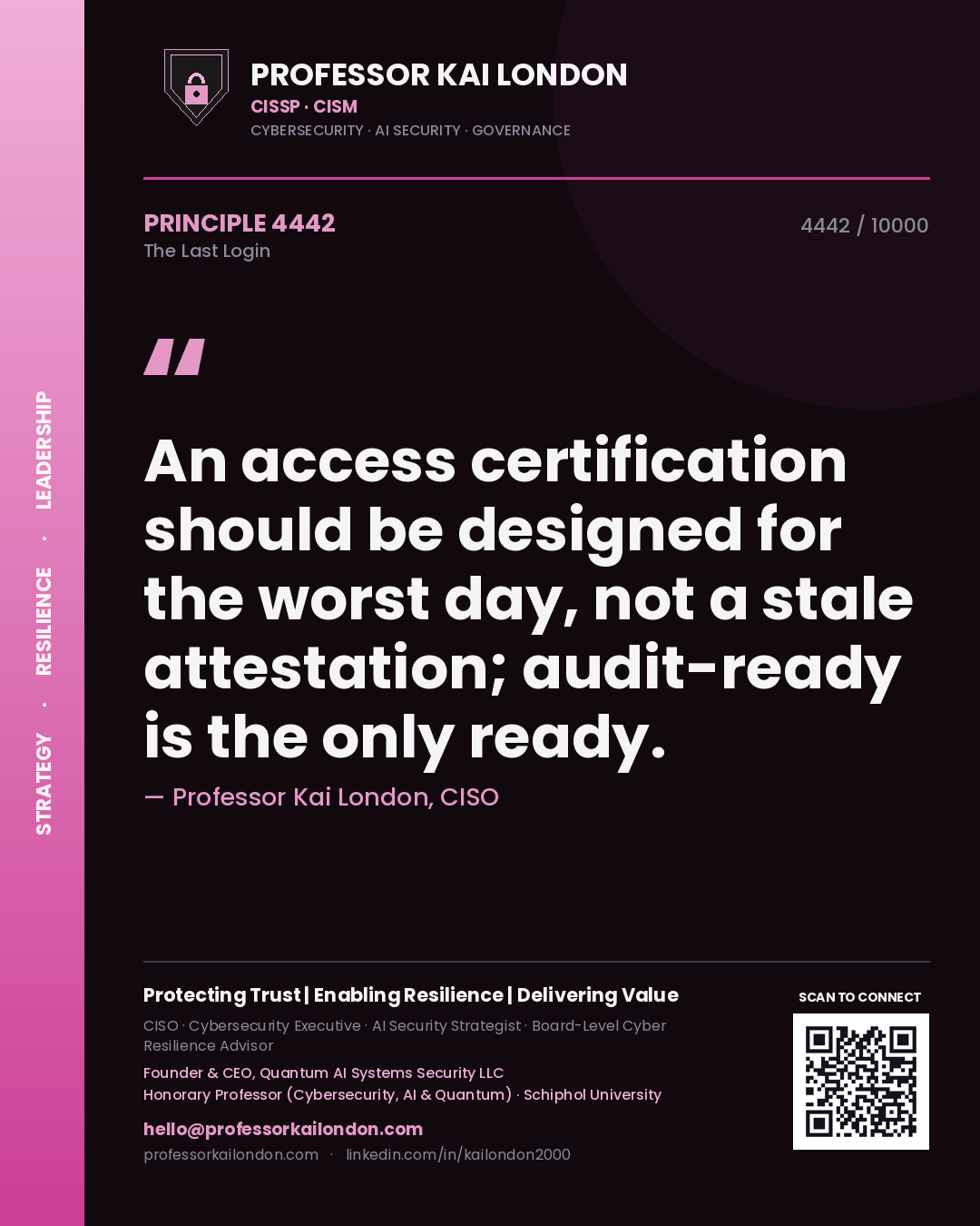 Quote card by Professor Kai London reading 'An access certification should be designed for the worst day, not a stale attestation; audit-ready is the only ready.'. From the book The Last Login.