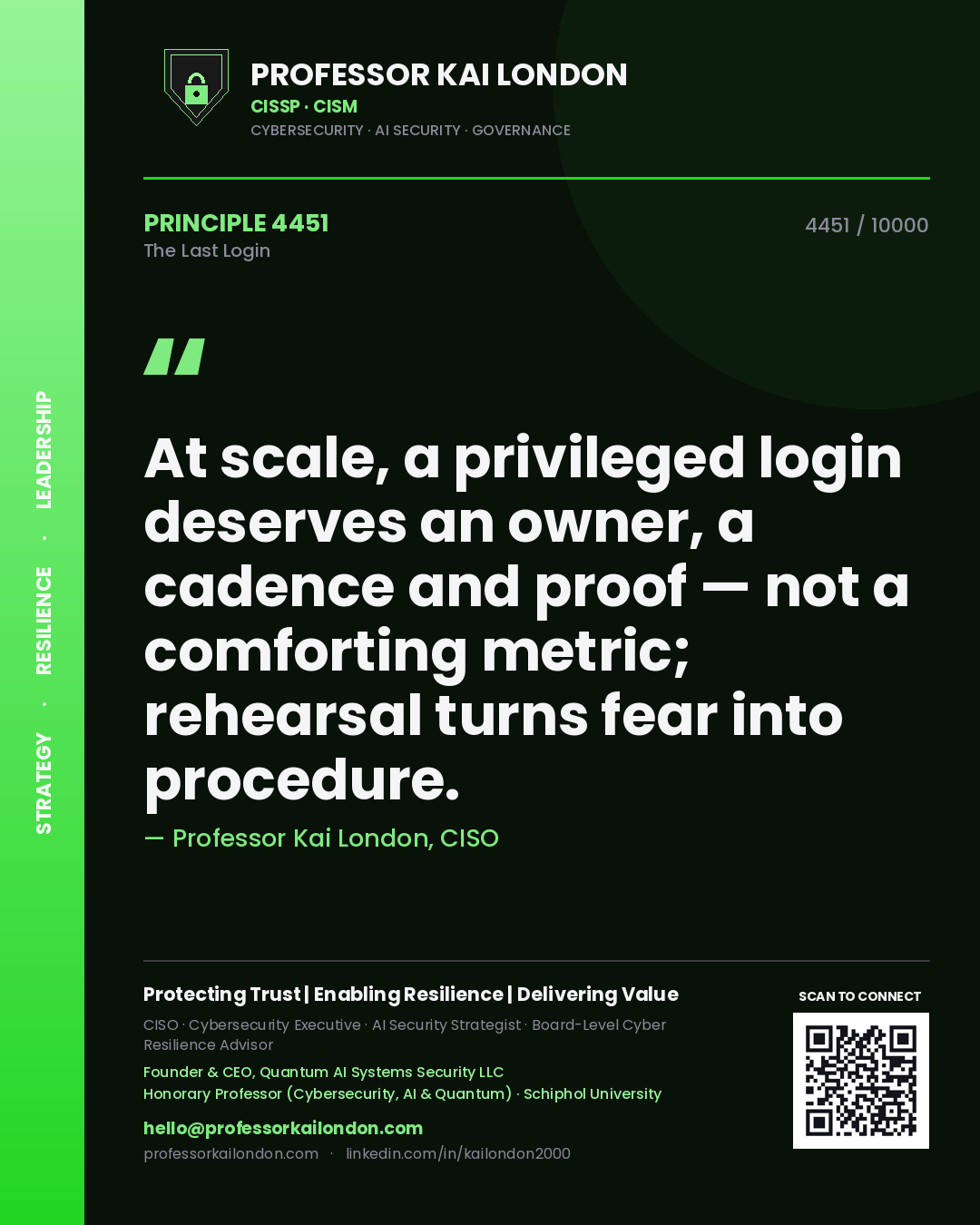 Professor Kai London principle 4451: At scale, a privileged login deserves an owner, a cadence and proof — not a comforting metric; rehearsal turns fear into procedure.