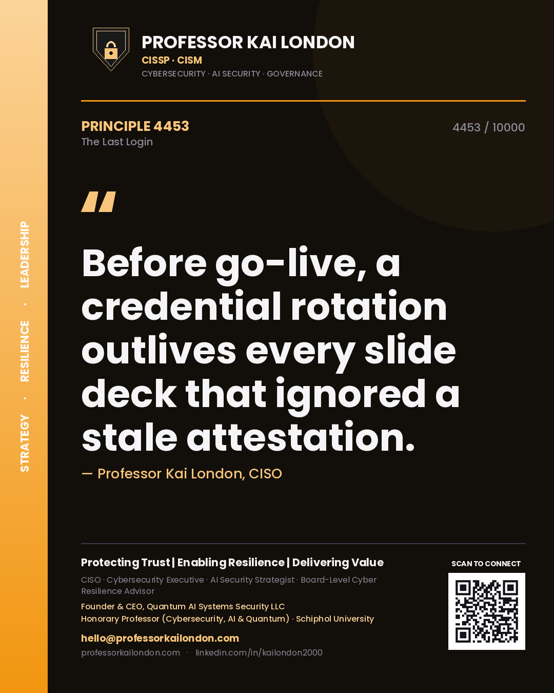 Quote card by Professor Kai London reading 'Before go-live, a credential rotation outlives every slide deck that ignored a stale attestation.'. From the book The Last Login.