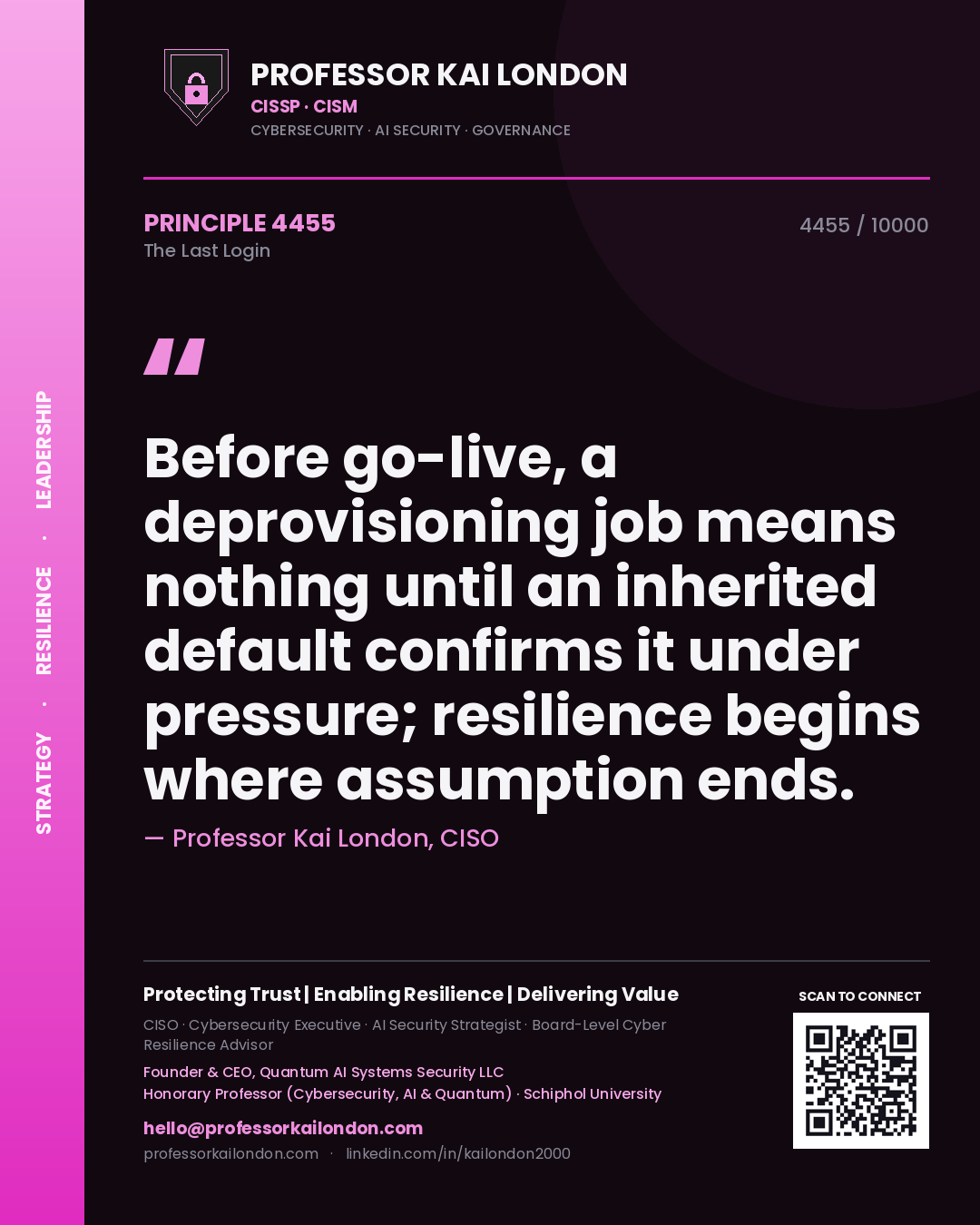 Quote card by Professor Kai London reading 'Before go-live, a deprovisioning job means nothing until an inherited default confirms it under pressure; resilience begins where assumption ends.'. From the book The Last Login.