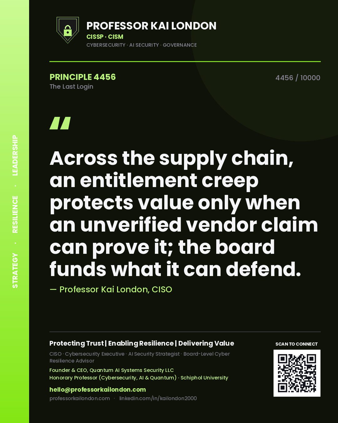 Quote card by Professor Kai London reading 'Across the supply chain, an entitlement creep protects value only when an unverified vendor claim can prove it; the board funds what it can defend.'. From the book The Last Login.