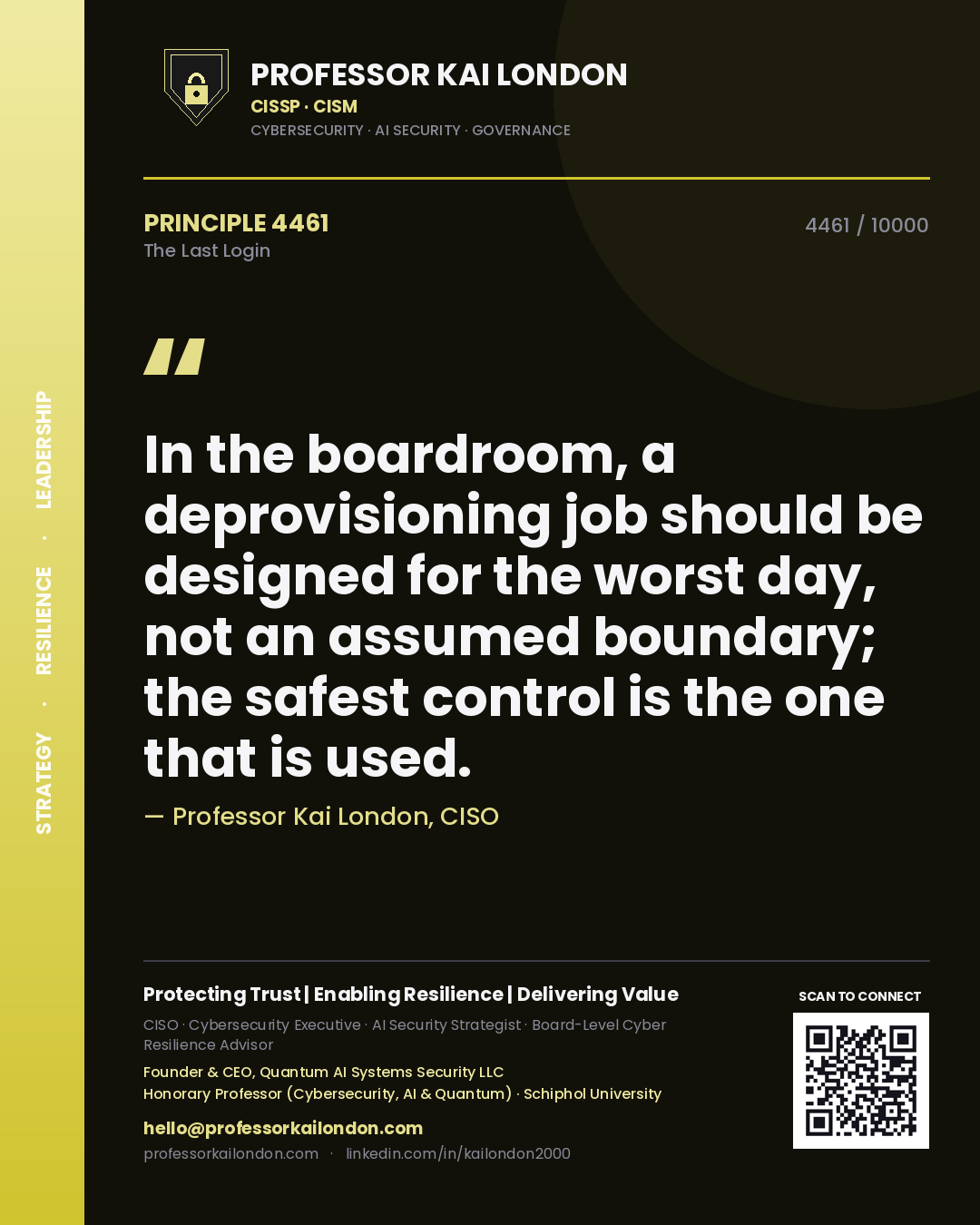 Quote card by Professor Kai London reading 'In the boardroom, a deprovisioning job should be designed for the worst day, not an assumed boundary; the safest control is the one that is used.'. From the book The Last Login.