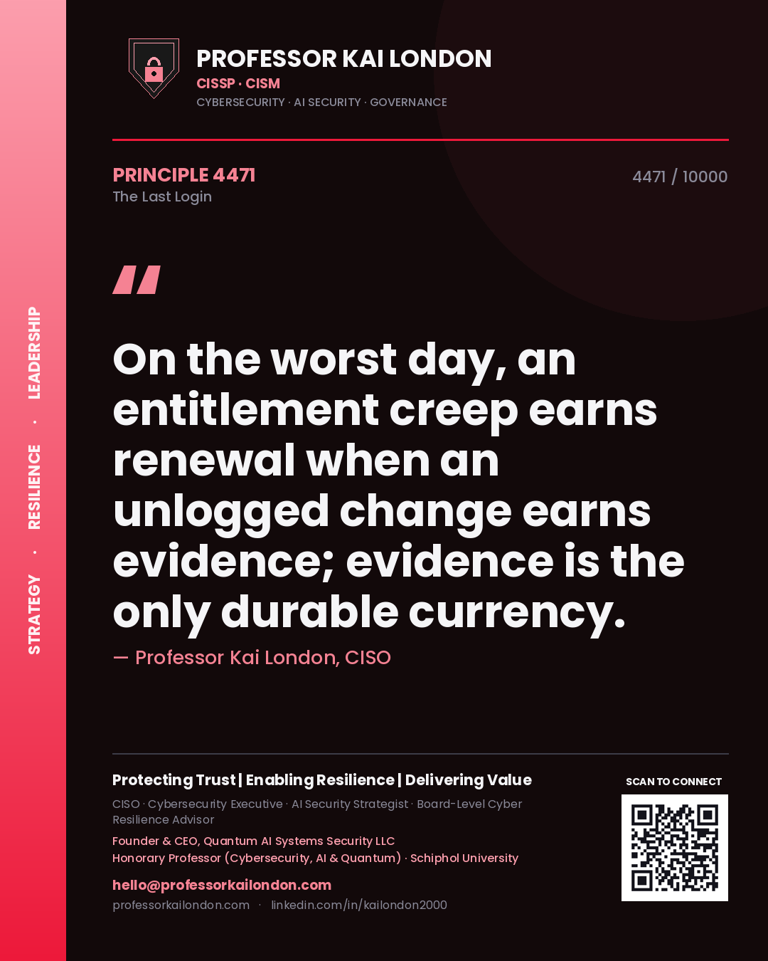 Professor Kai London principle 4471: On the worst day, an entitlement creep earns renewal when an unlogged change earns evidence; evidence is the only durable currency.