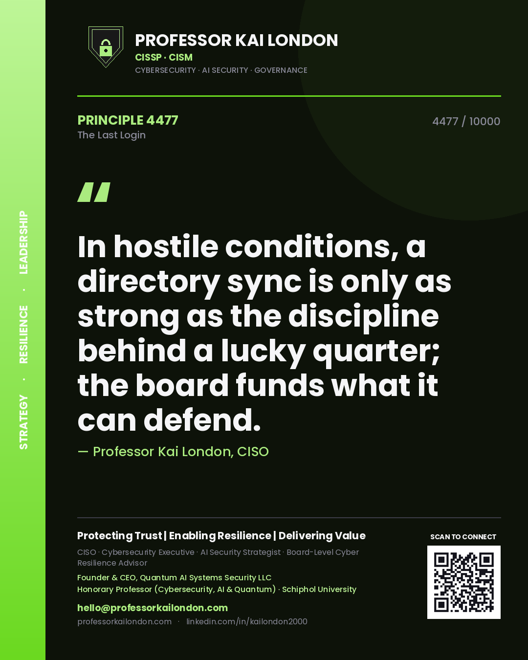 Quote card by Professor Kai London reading 'In hostile conditions, a directory sync is only as strong as the discipline behind a lucky quarter; the board funds what it can defend.'. From the book The Last Login.