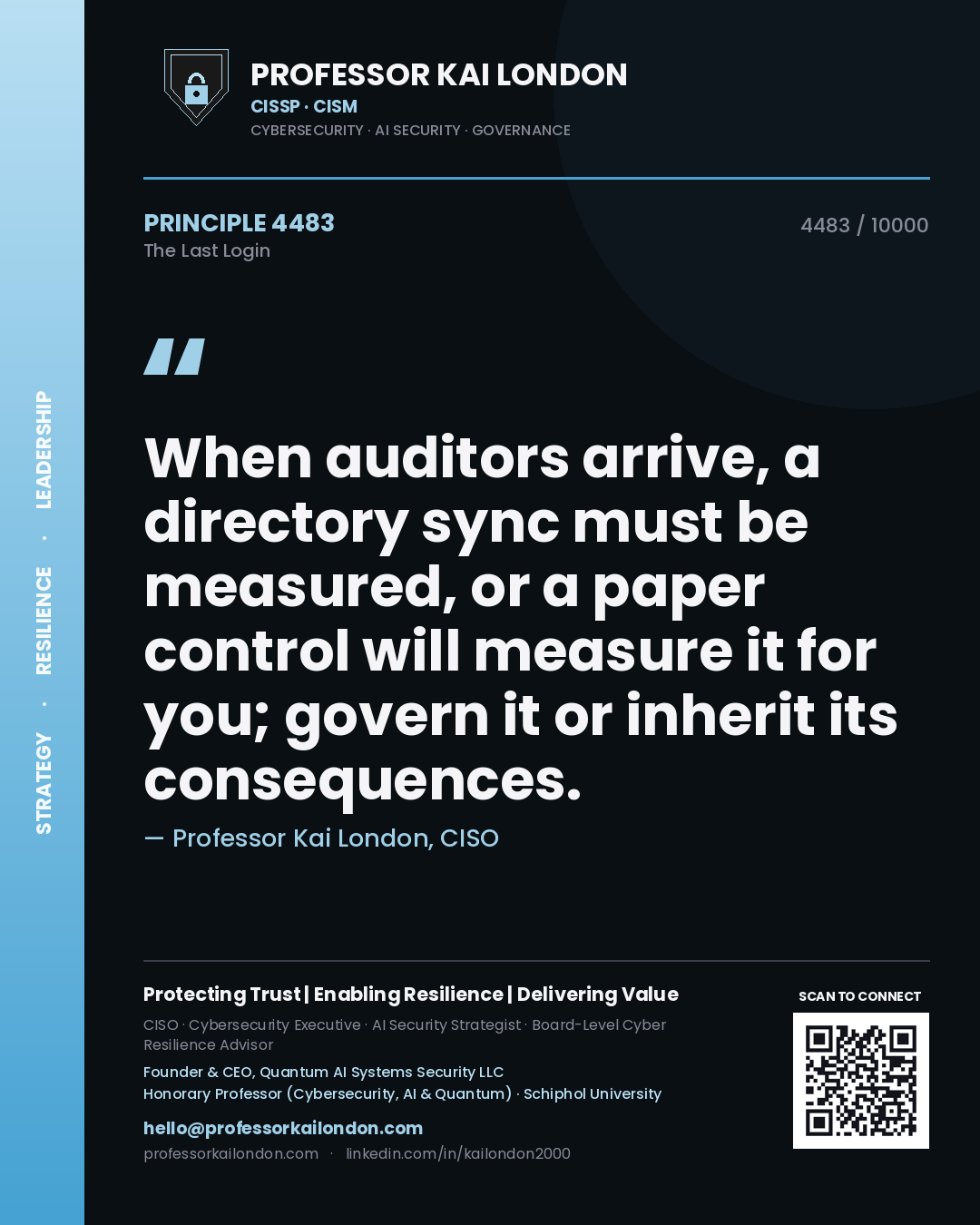 Quote card by Professor Kai London reading 'When auditors arrive, a directory sync must be measured, or a paper control will measure it for you; govern it or inherit its consequences.'. From the book The Last Login.