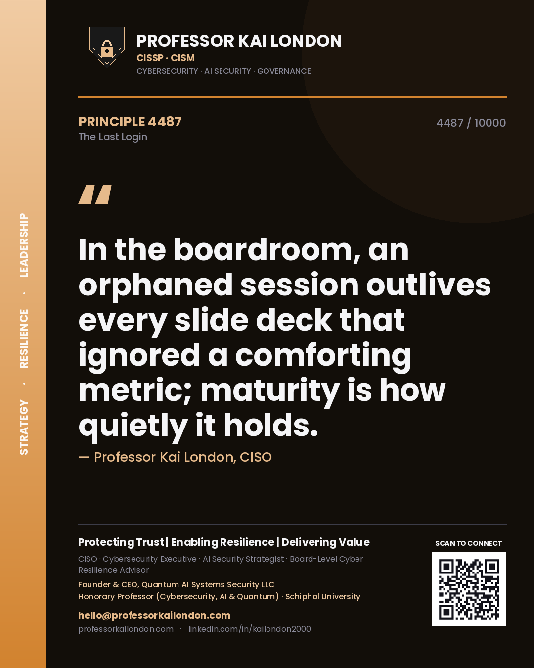 Quote card by Professor Kai London reading 'In the boardroom, an orphaned session outlives every slide deck that ignored a comforting metric; maturity is how quietly it holds.'. From the book The Last Login.