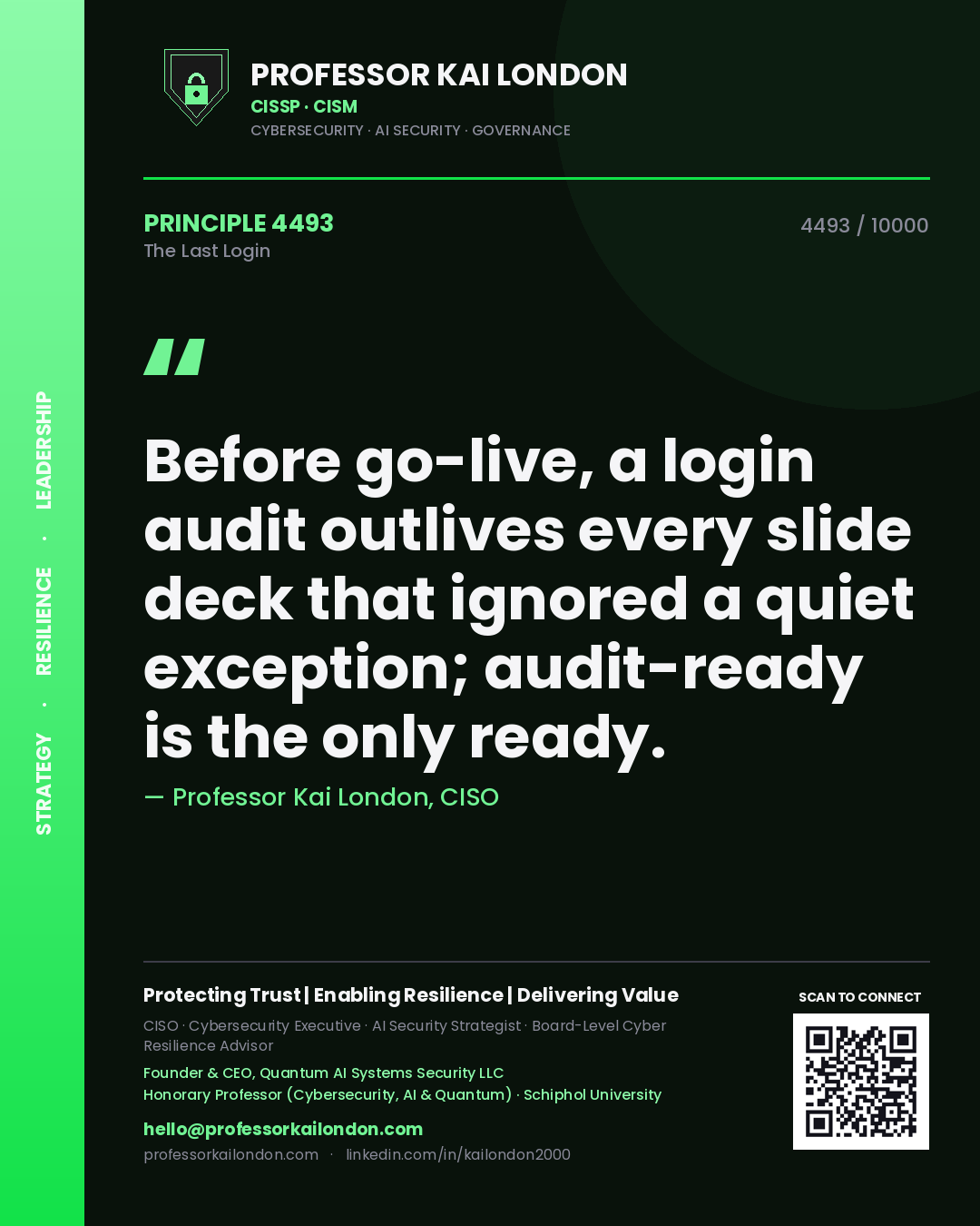 Quote card by Professor Kai London reading 'Before go-live, a login audit outlives every slide deck that ignored a quiet exception; audit-ready is the only ready.'. From the book The Last Login.