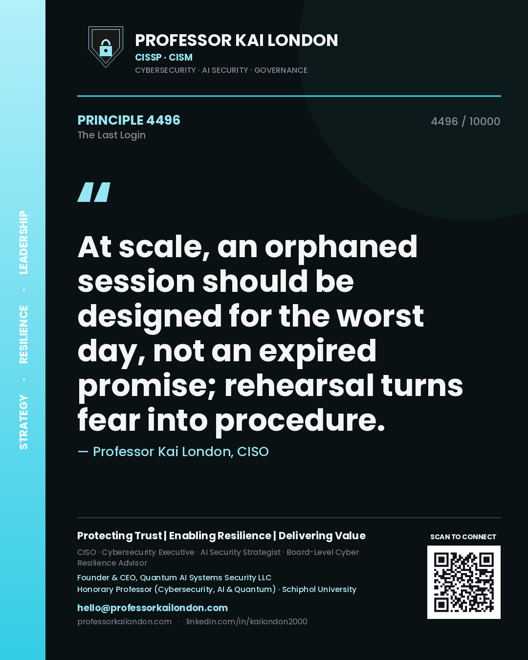Quote card by Professor Kai London reading 'At scale, an orphaned session should be designed for the worst day, not an expired promise; rehearsal turns fear into procedure.'. From the book The Last Login.