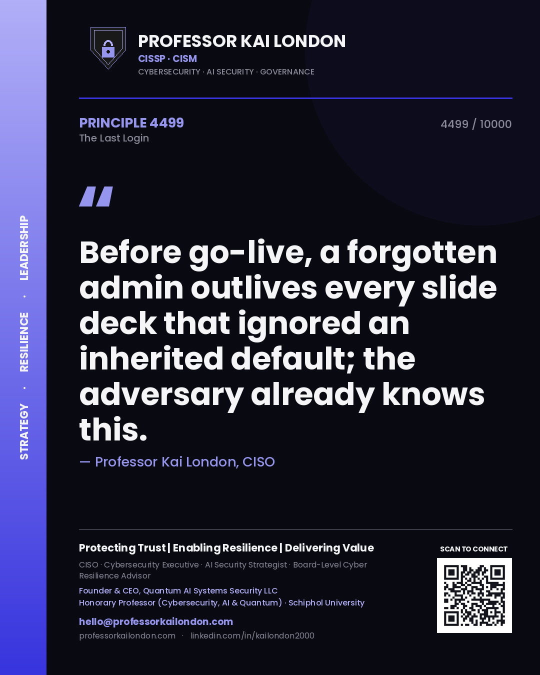 Quote card by Professor Kai London reading 'Before go-live, a forgotten admin outlives every slide deck that ignored an inherited default; the adversary already knows this.'. From the book The Last Login.