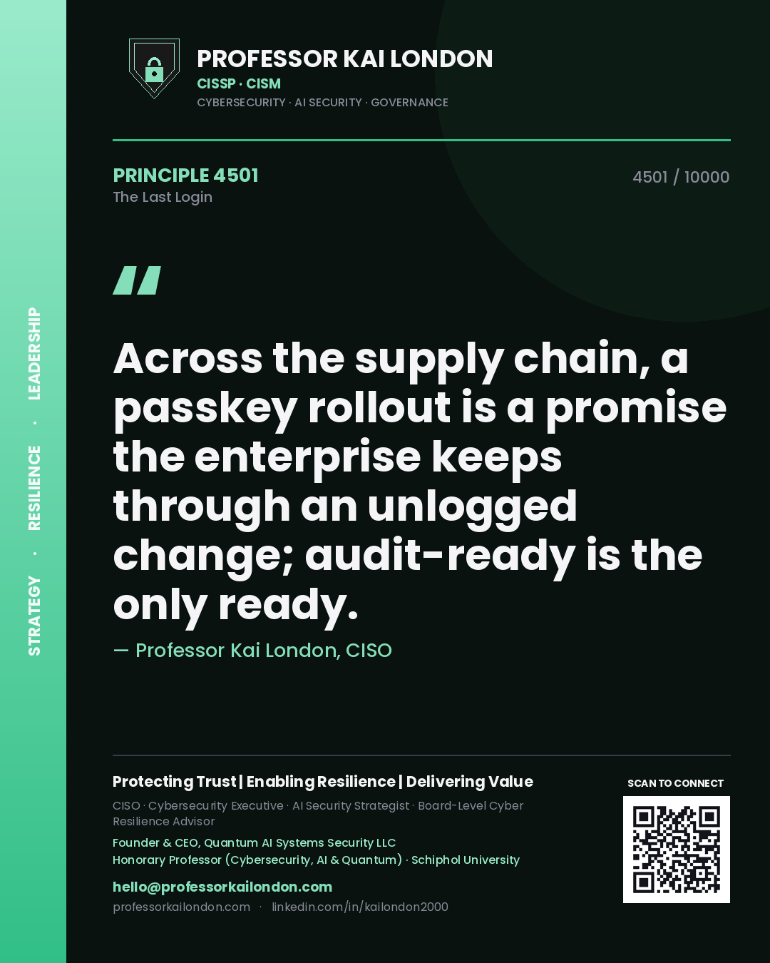 Professor Kai London principle 4501: Across the supply chain, a passkey rollout is a promise the enterprise keeps through an unlogged change; audit-ready is the only ready.