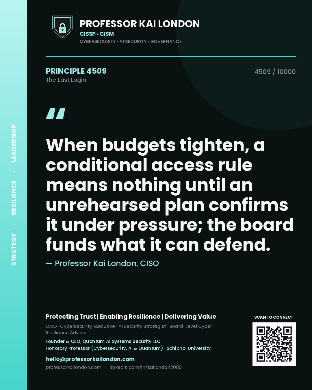 Professor Kai London principle 4509: When budgets tighten, a conditional access rule means nothing until an unrehearsed plan confirms it under pressure; the board funds what it can defend.