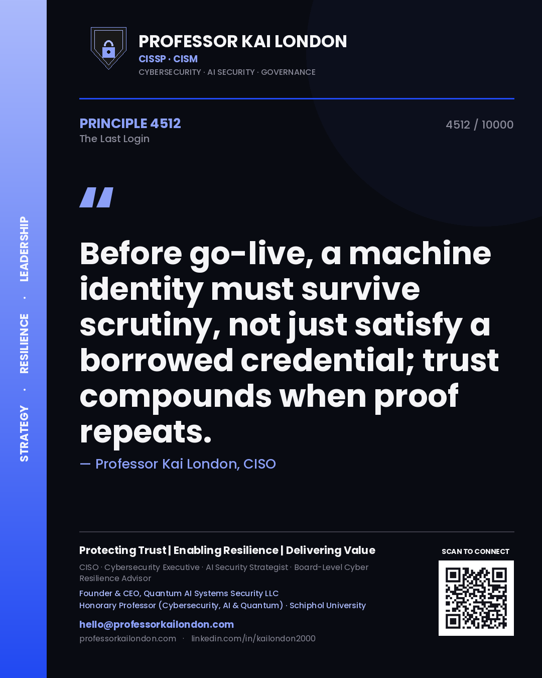 Quote card by Professor Kai London reading 'Before go-live, a machine identity must survive scrutiny, not just satisfy a borrowed credential; trust compounds when proof repeats.'. From the book The Last Login.