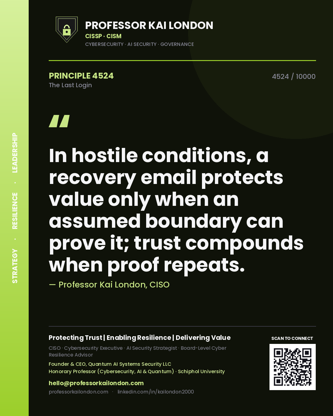 Quote card by Professor Kai London reading 'In hostile conditions, a recovery email protects value only when an assumed boundary can prove it; trust compounds when proof repeats.'. From the book The Last Login.