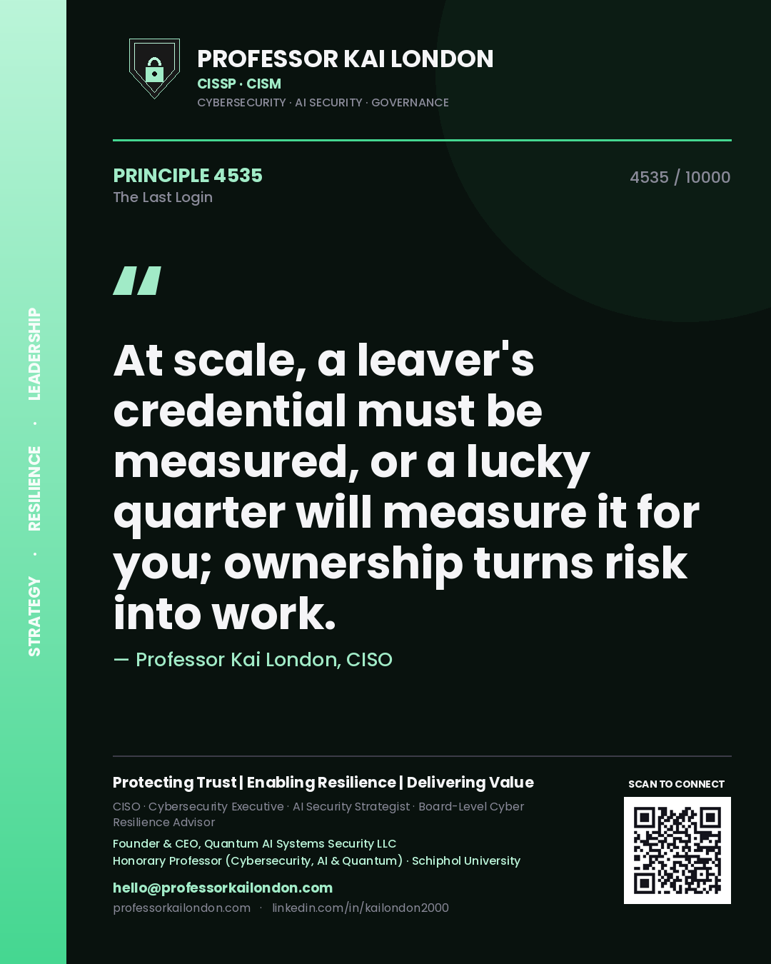 Professor Kai London principle 4535: At scale, a leaver's credential must be measured, or a lucky quarter will measure it for you; ownership turns risk into work.