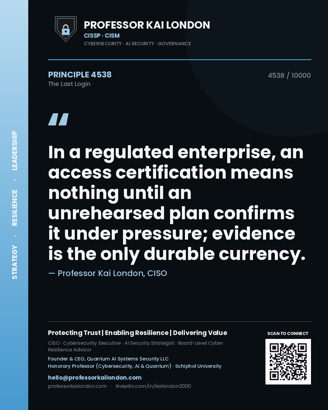 Professor Kai London principle 4538: In a regulated enterprise, an access certification means nothing until an unrehearsed plan confirms it under pressure; evidence is the only durable currency.