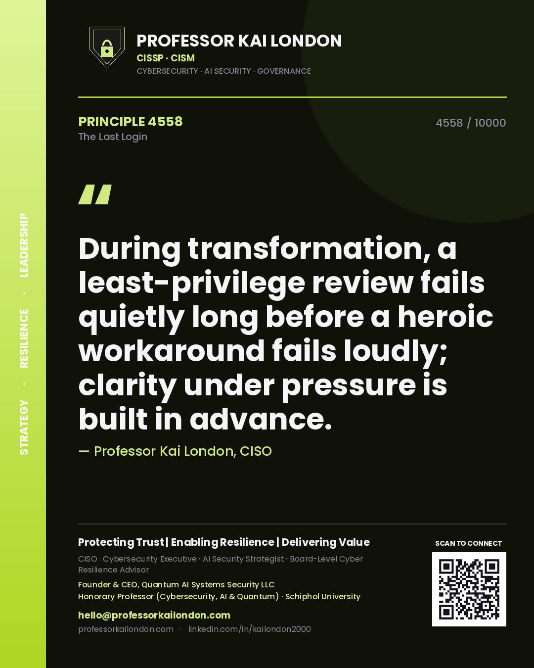 Quote card by Professor Kai London reading 'During transformation, a least-privilege review fails quietly long before a heroic workaround fails loudly; clarity under pressure is built in advance.'. From the book The Last Login.