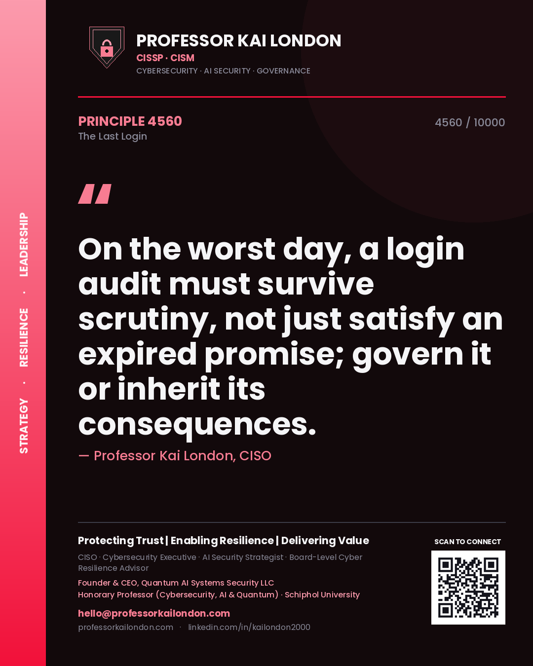 Professor Kai London principle 4560: On the worst day, a login audit must survive scrutiny, not just satisfy an expired promise; govern it or inherit its consequences.