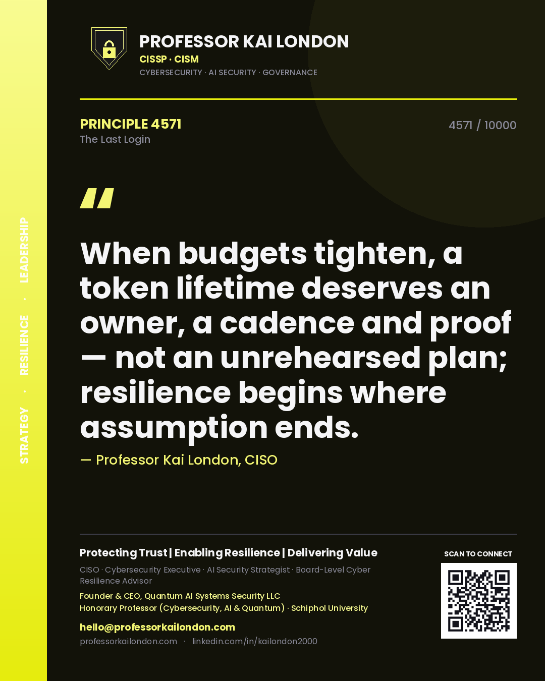 Professor Kai London principle 4571: When budgets tighten, a token lifetime deserves an owner, a cadence and proof — not an unrehearsed plan; resilience begins where assumption ends.