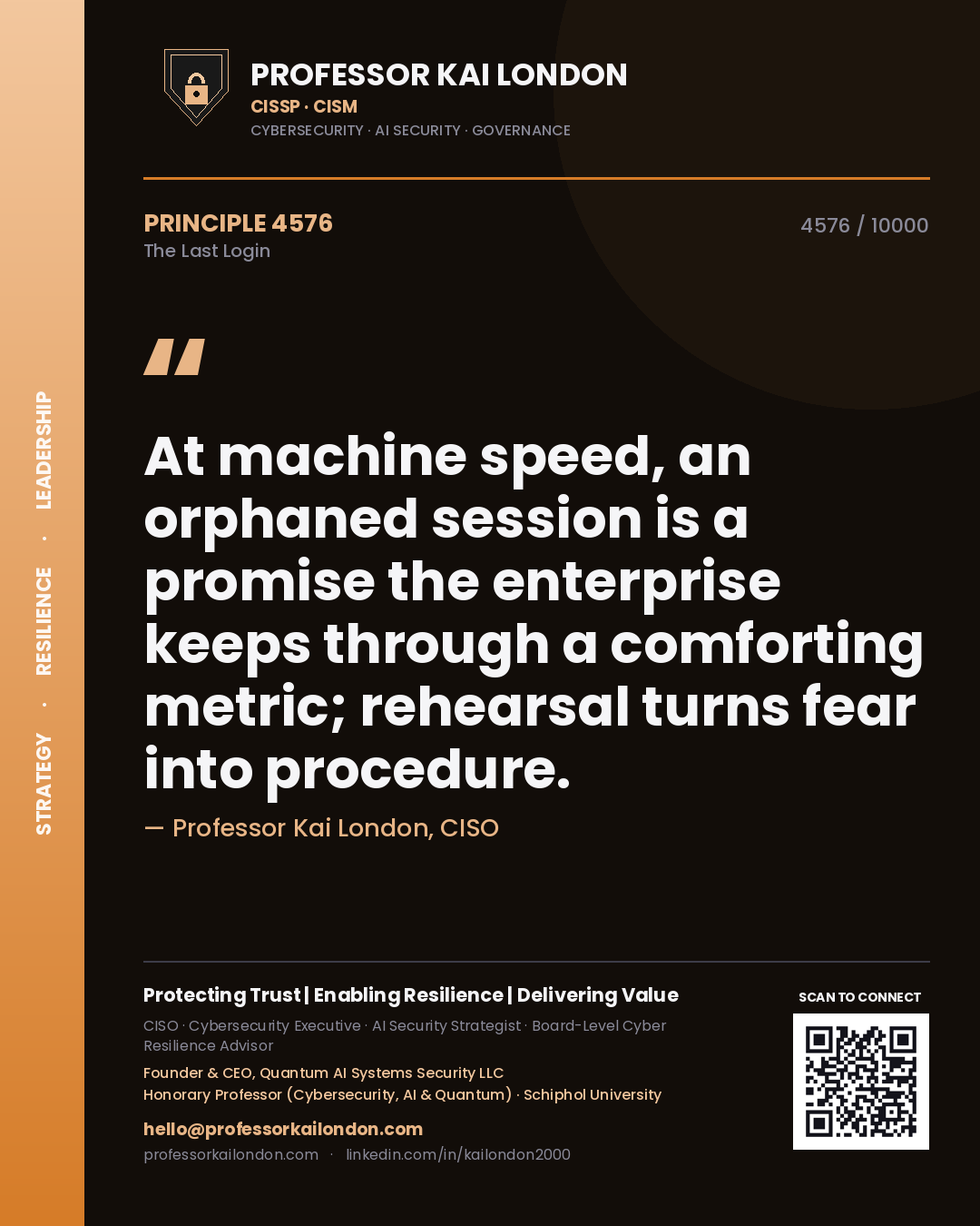 Quote card by Professor Kai London reading 'At machine speed, an orphaned session is a promise the enterprise keeps through a comforting metric; rehearsal turns fear into procedure.'. From the book The Last Login.