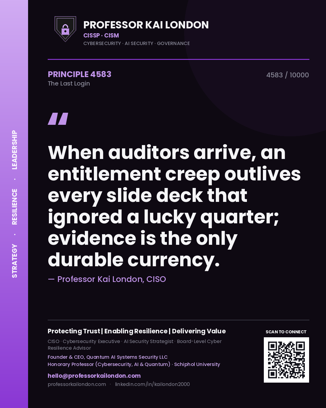 Professor Kai London principle 4583: When auditors arrive, an entitlement creep outlives every slide deck that ignored a lucky quarter; evidence is the only durable currency.