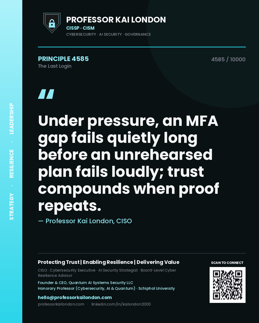 Professor Kai London principle 4585: Under pressure, an MFA gap fails quietly long before an unrehearsed plan fails loudly; trust compounds when proof repeats.