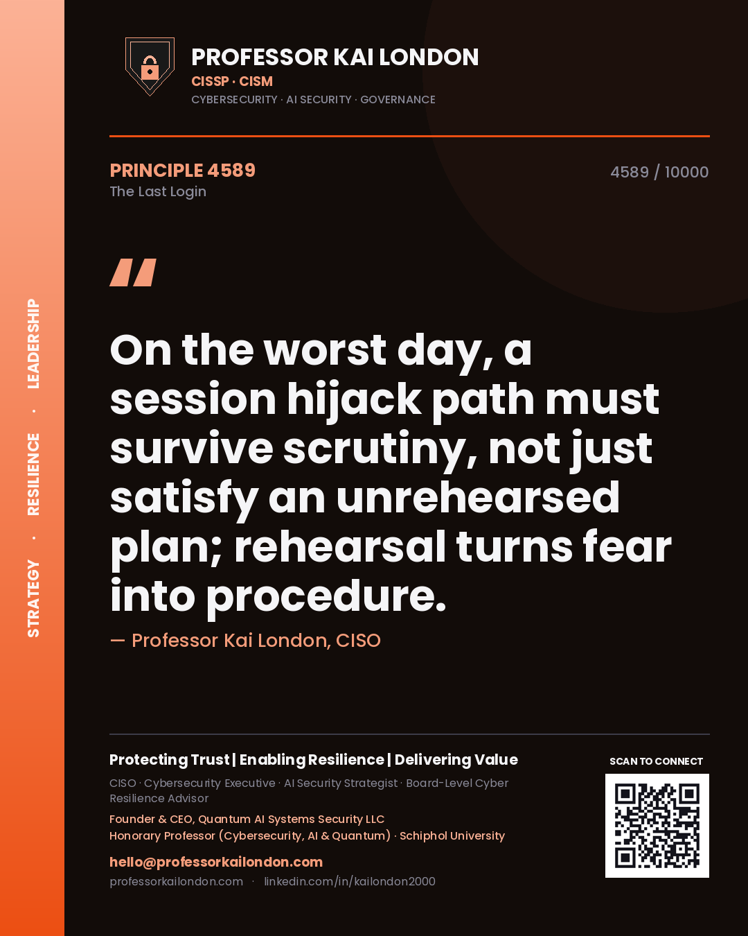 Quote card by Professor Kai London reading 'On the worst day, a session hijack path must survive scrutiny, not just satisfy an unrehearsed plan; rehearsal turns fear into procedure.'. From the book The Last Login.