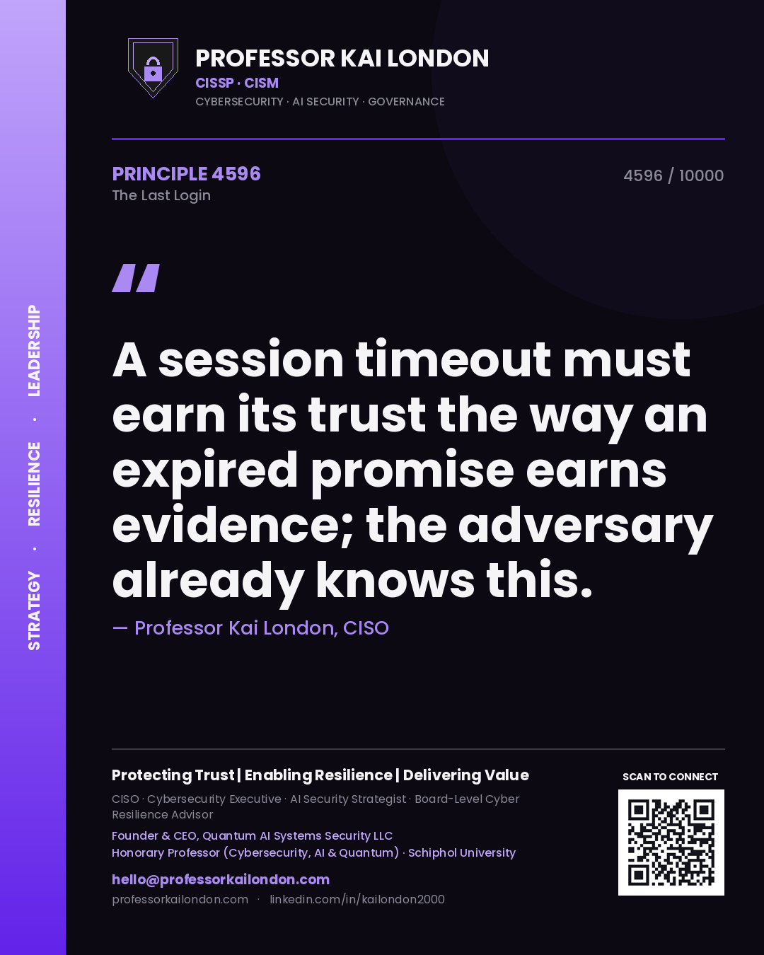 Quote card by Professor Kai London reading 'A session timeout must earn its trust the way an expired promise earns evidence; the adversary already knows this.'. From the book The Last Login.