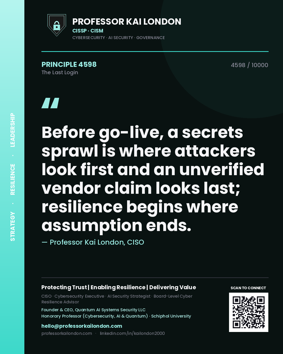 Quote card by Professor Kai London reading 'Before go-live, a secrets sprawl is where attackers look first and an unverified vendor claim looks last; resilience begins where assumption ends.'. From the book The Last Login.